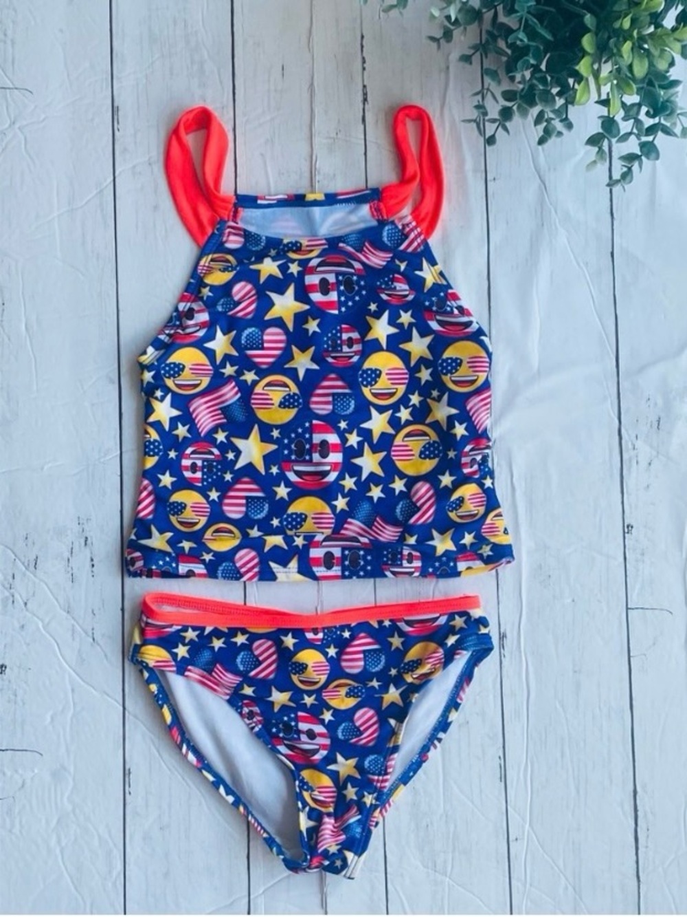 EMOJI Kids' Patriotic Star & Stripe Tankini - Blue with Coral Straps